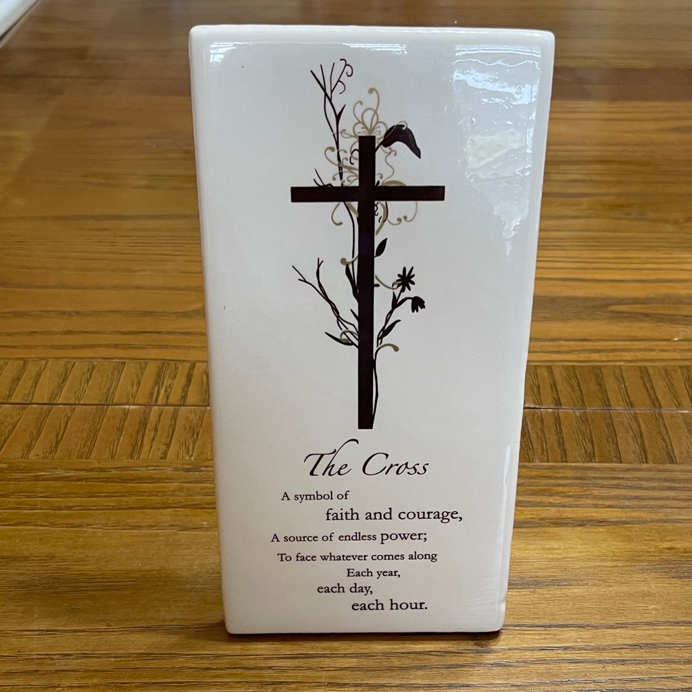 Elegant White Ceramic Cross Plaque | Decorative Wall Art w/Inspirational Message